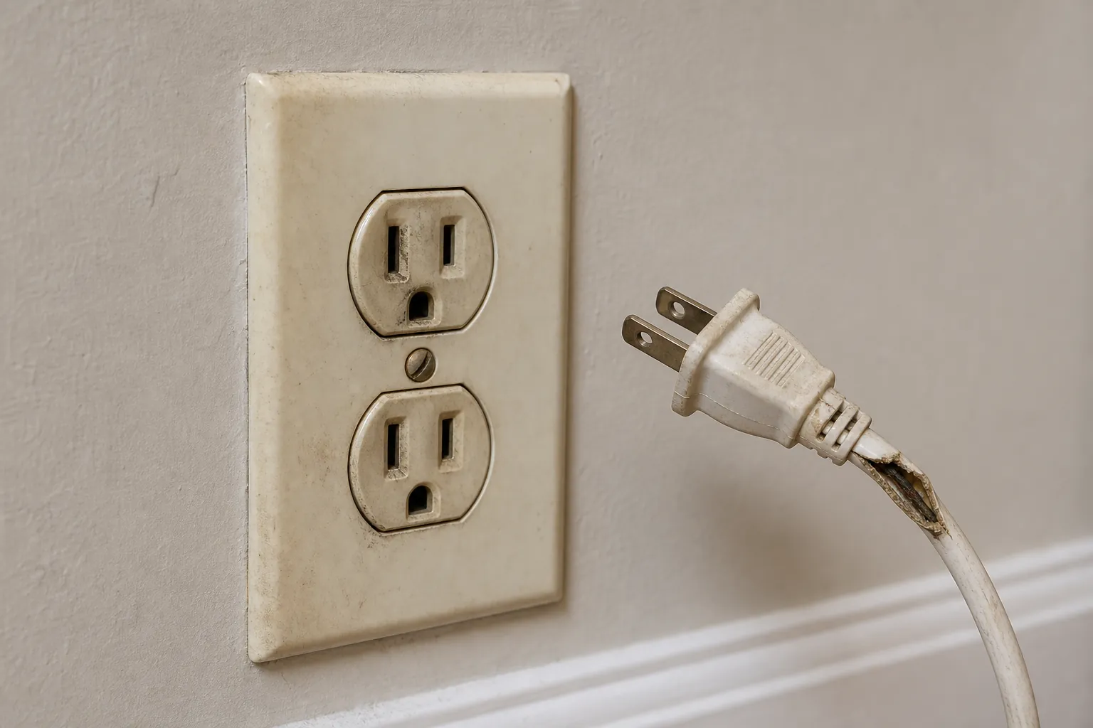 Damaged unplugged cord beside a worn residential wall outlet