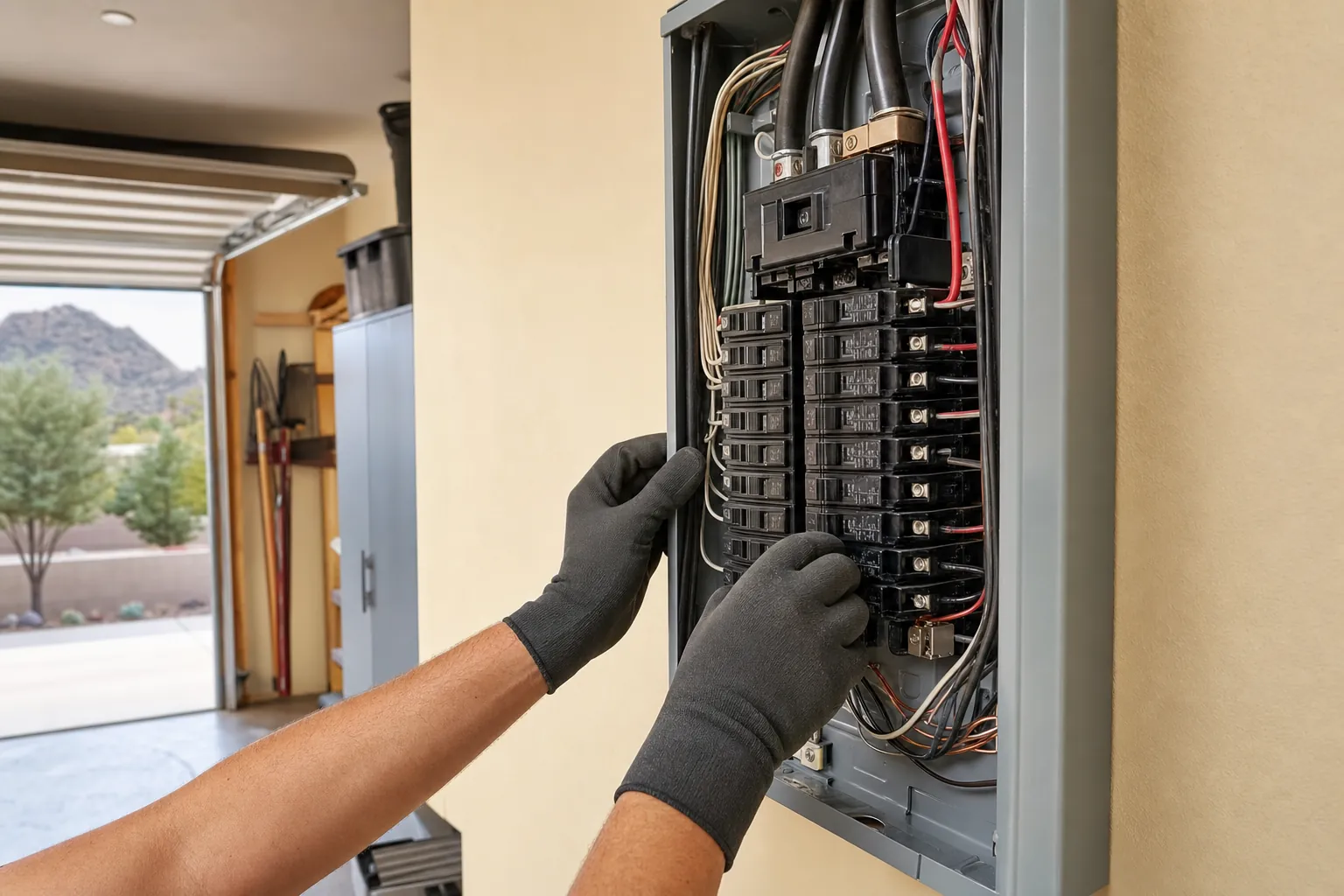 Electrician examining an open residential electrical panel in a garage