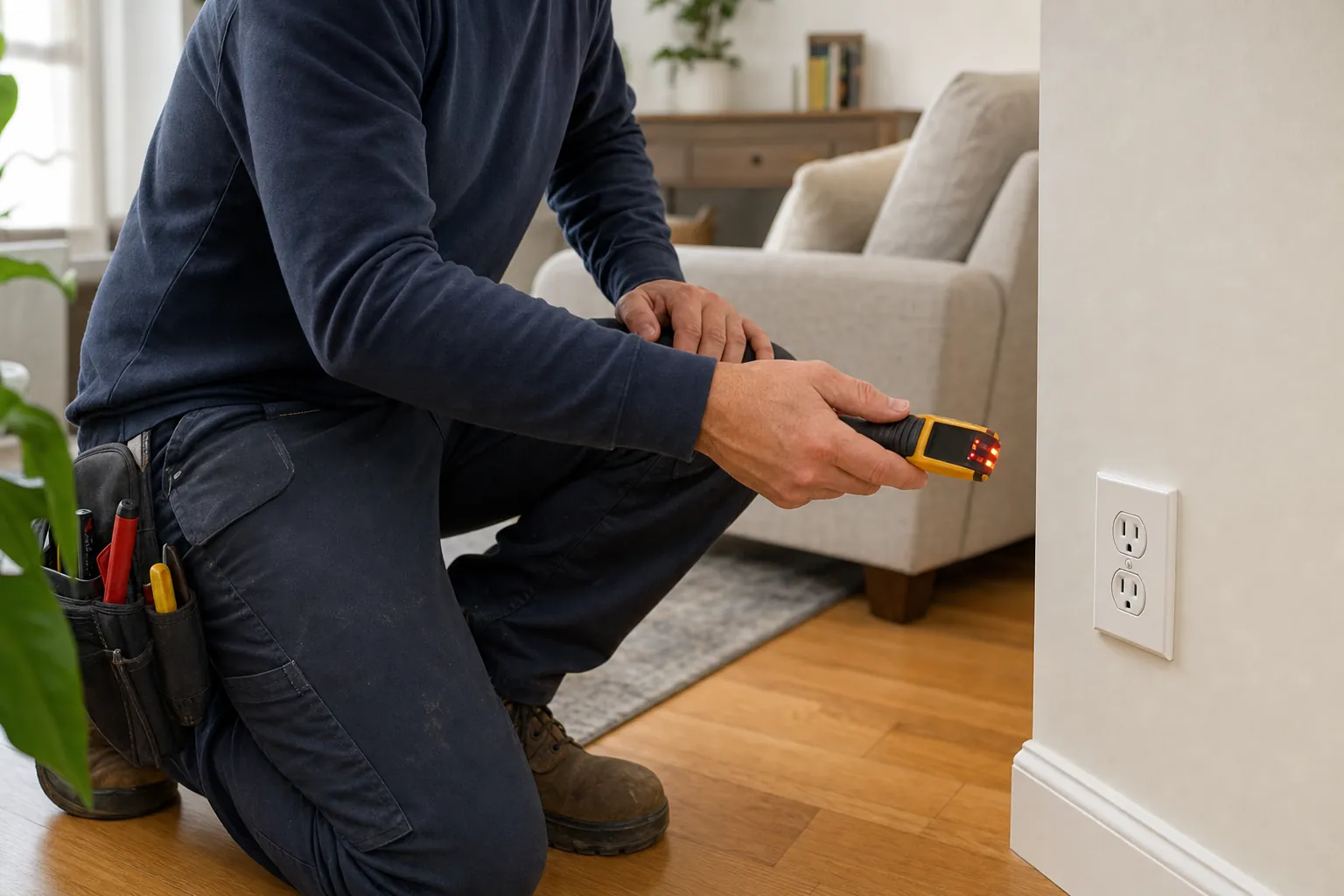 Electrician checking a living room outlet during a residential electrical walkthrough