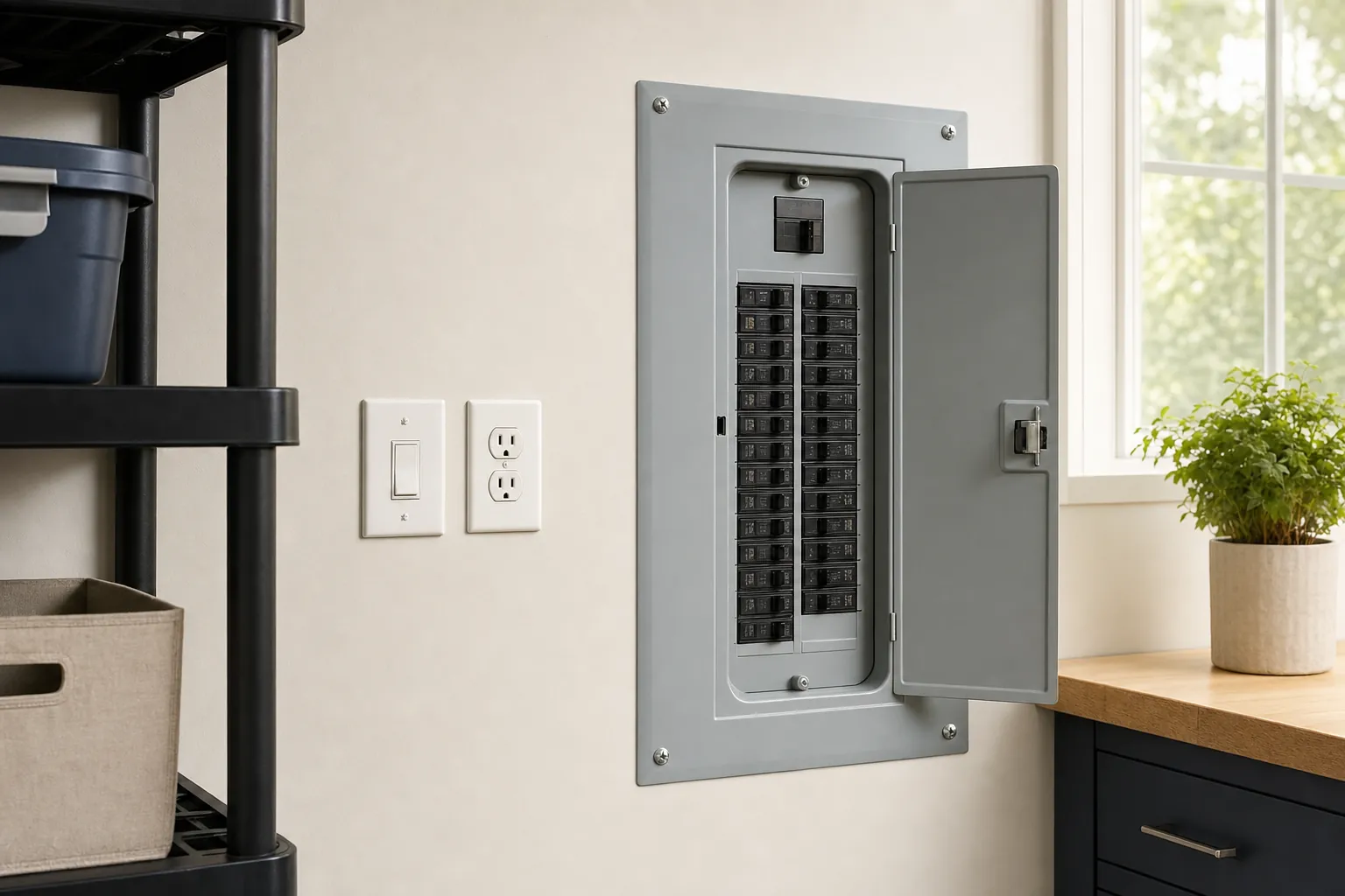 Organized residential electrical panel, outlet and switch in a utility room