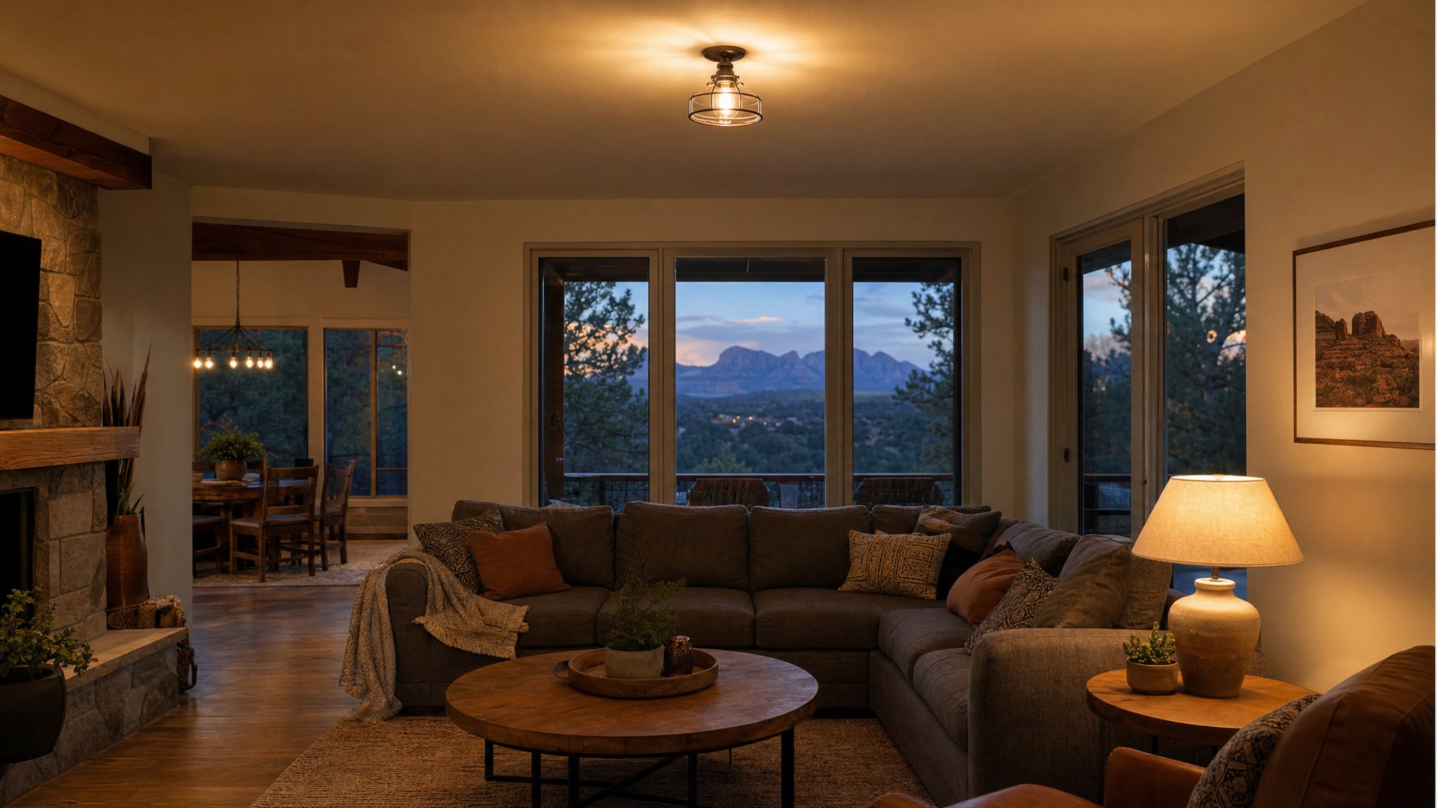 Warmly lit Prescott-area living room at dusk