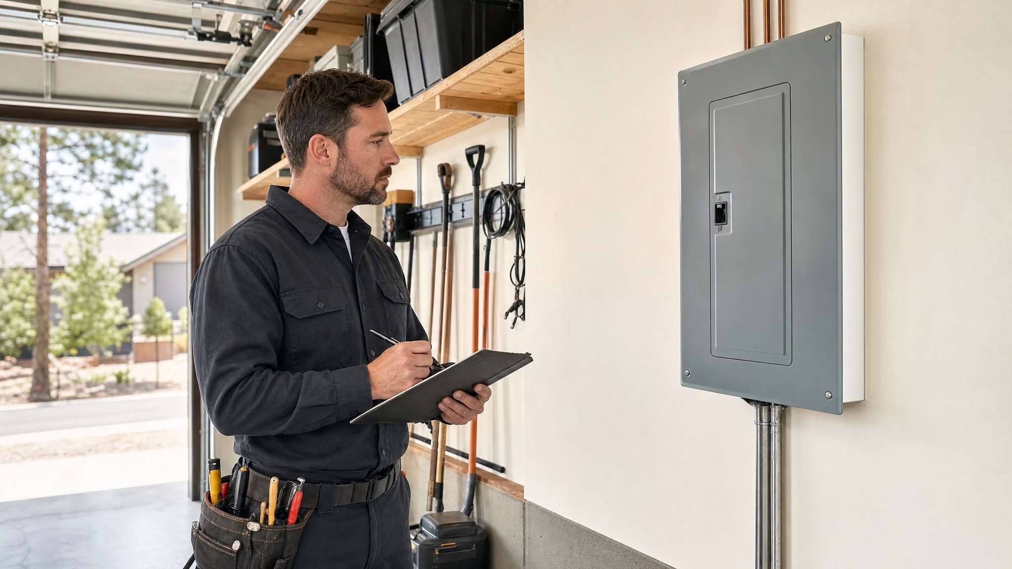 Electrician taking notes beside a closed residential electrical panel in a garage