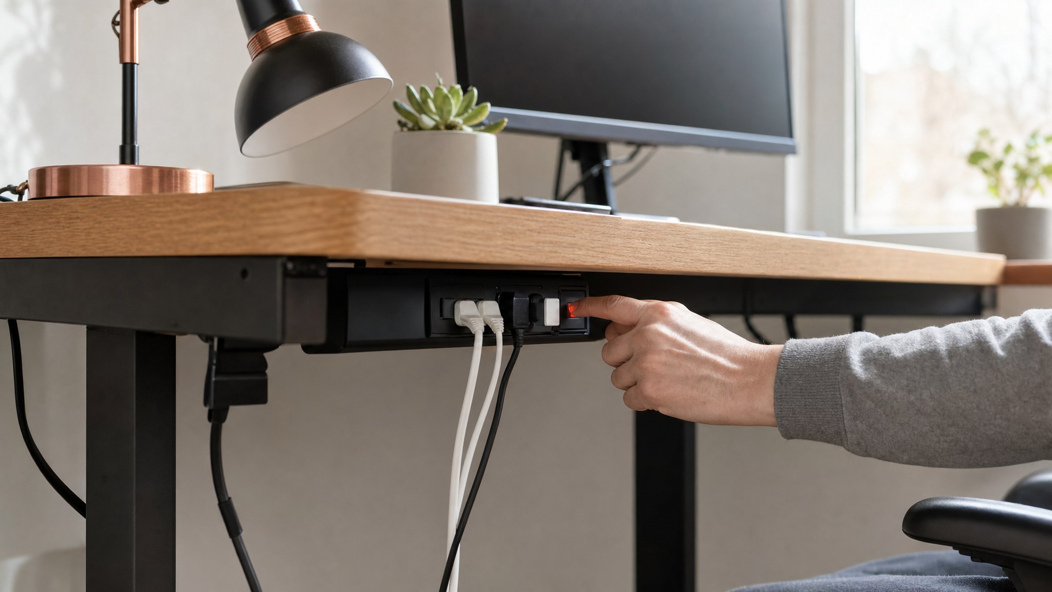 Homeowner switching off a power strip beneath a desk