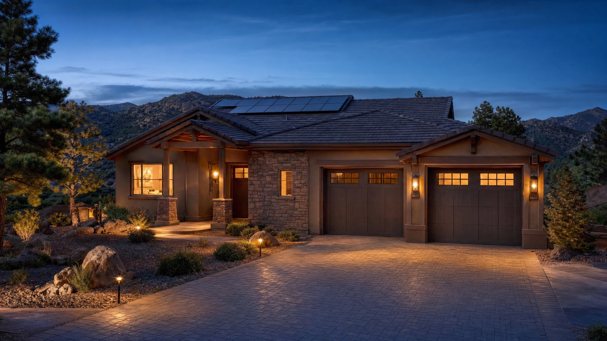 Prescott-area home with solar panels and warm exterior lights at dusk