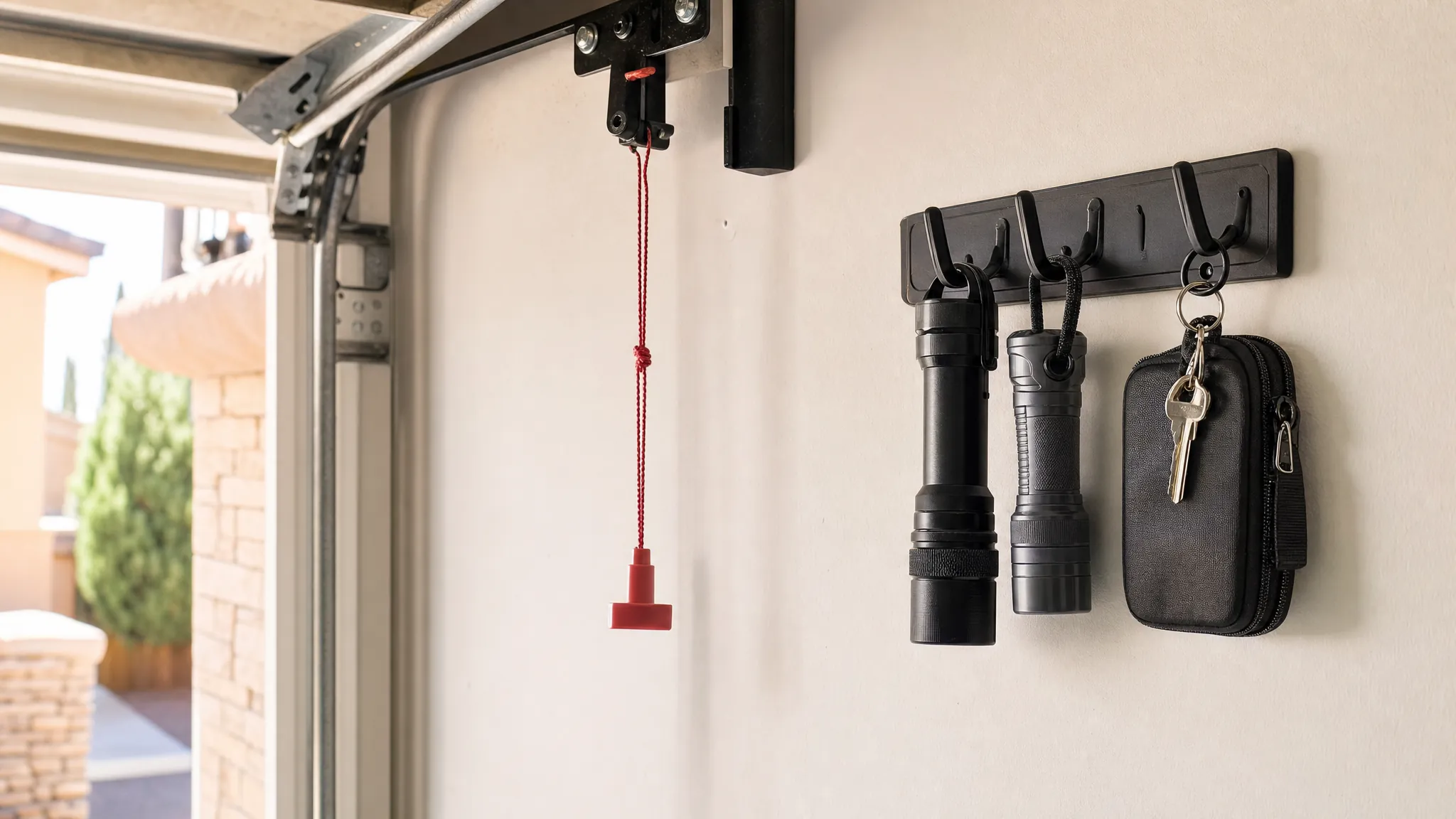 Garage door emergency release beside flashlights and a small emergency pouch