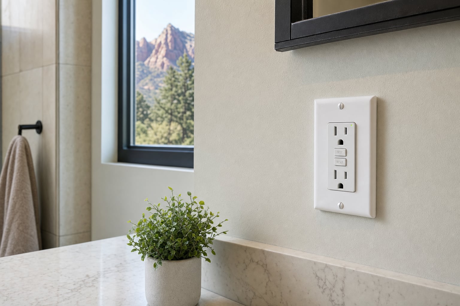 GFCI outlet with test and reset buttons in a residential bathroom