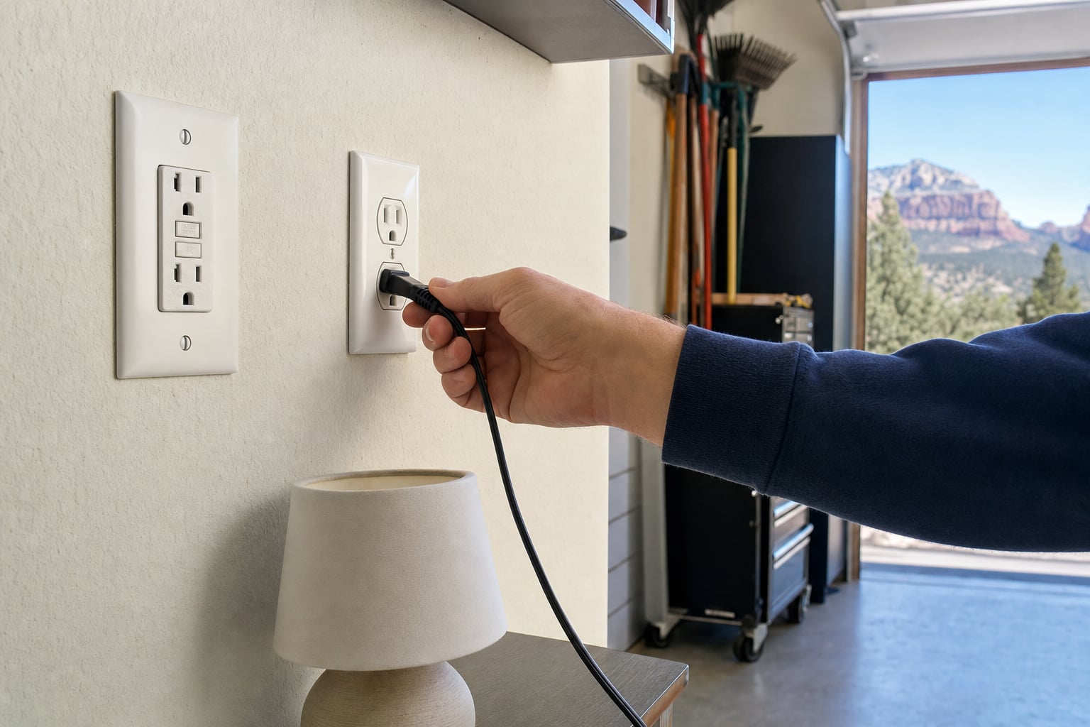 Homeowner unplugging a cord by its plug near a GFCI outlet in a garage