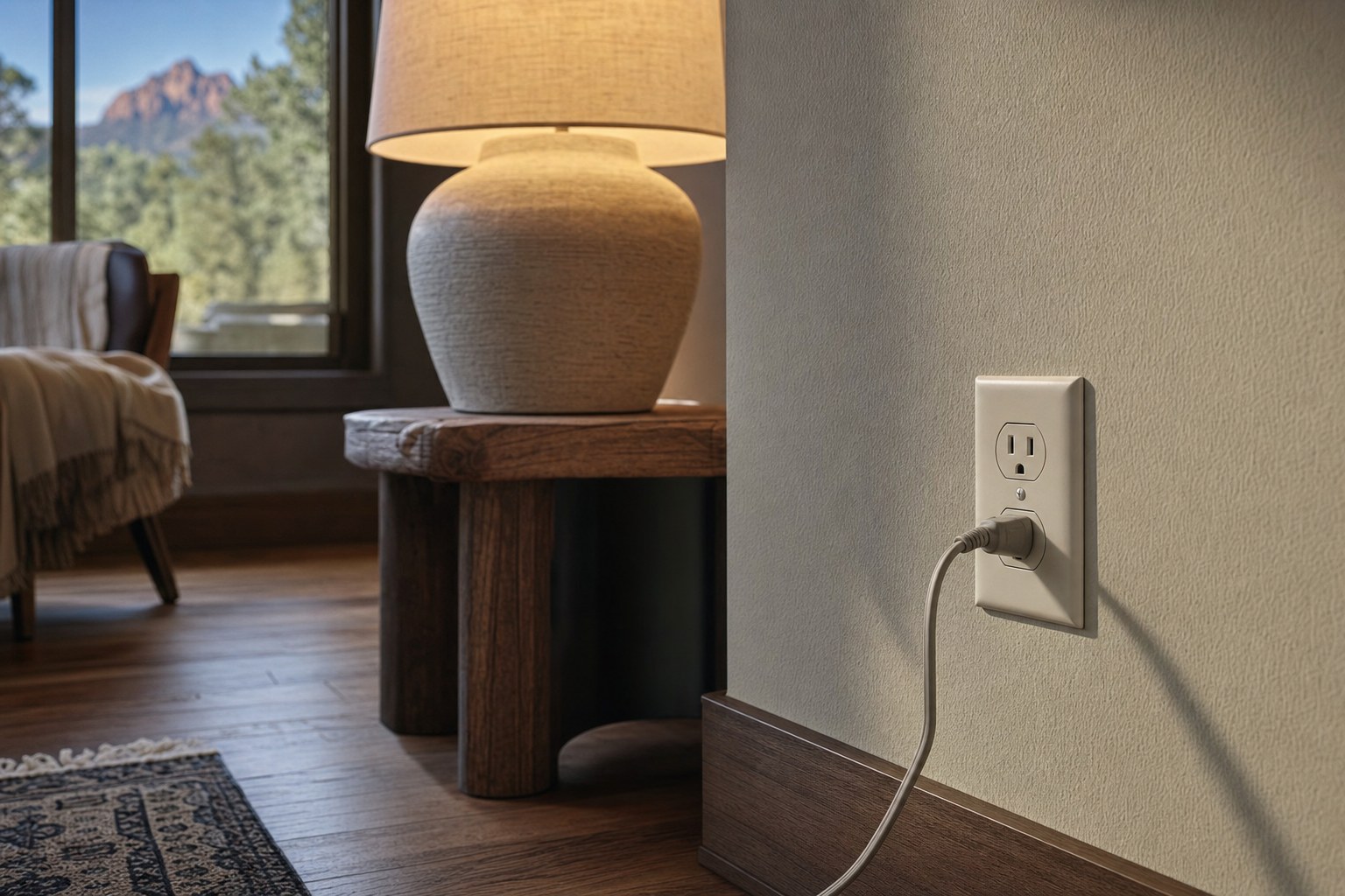Wall outlet with a plugged-in lamp cord in a Northern Arizona home