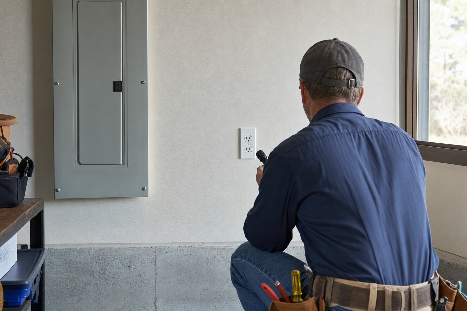 Electrician inspecting an intact wall outlet beside a closed residential panel