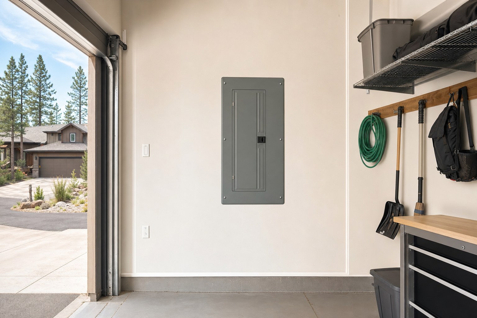 Closed residential electrical panel in an orderly Northern Arizona garage