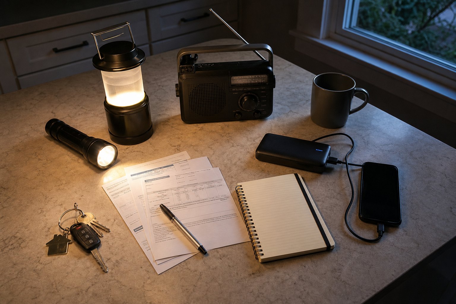 Flashlight, lantern, radio, phone power bank, and emergency supplies on a kitchen counter
