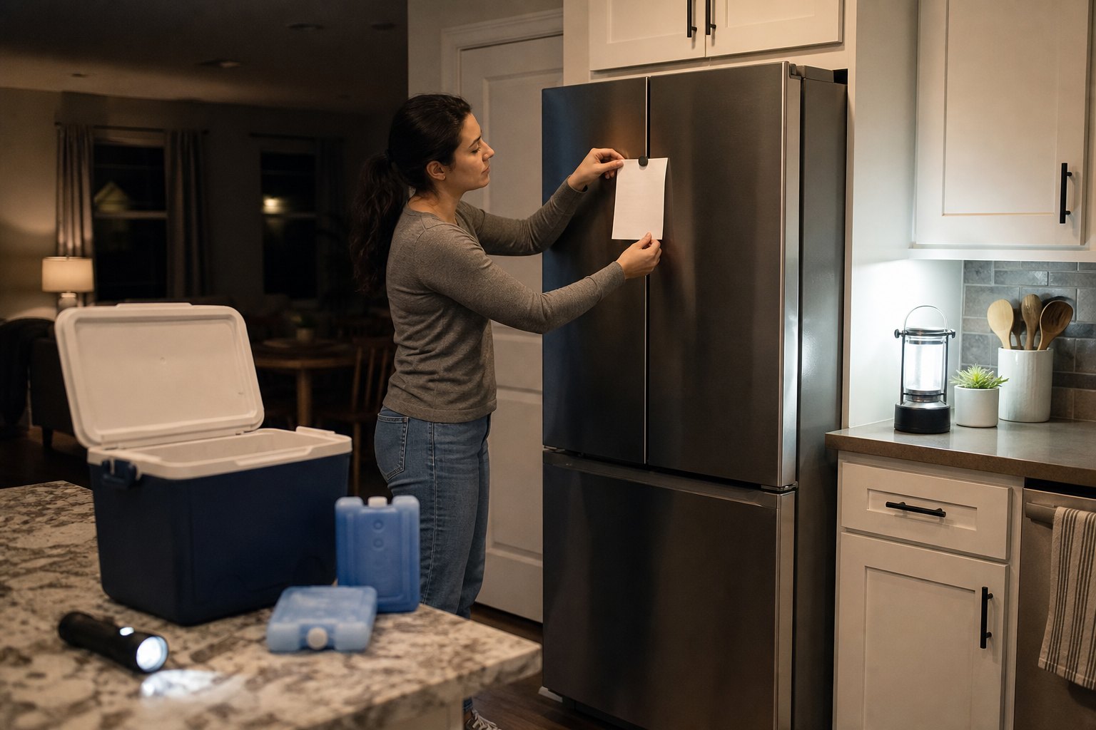 Homeowner keeping a refrigerator closed during a power outage beside a cooler and flashlight