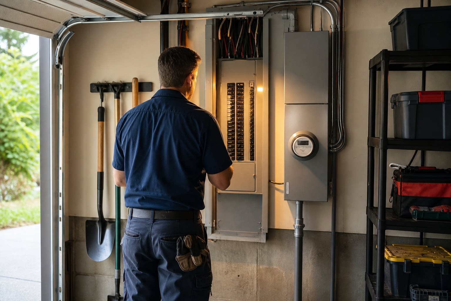 Electrician inspecting a residential electrical panel in a garage after a power outage