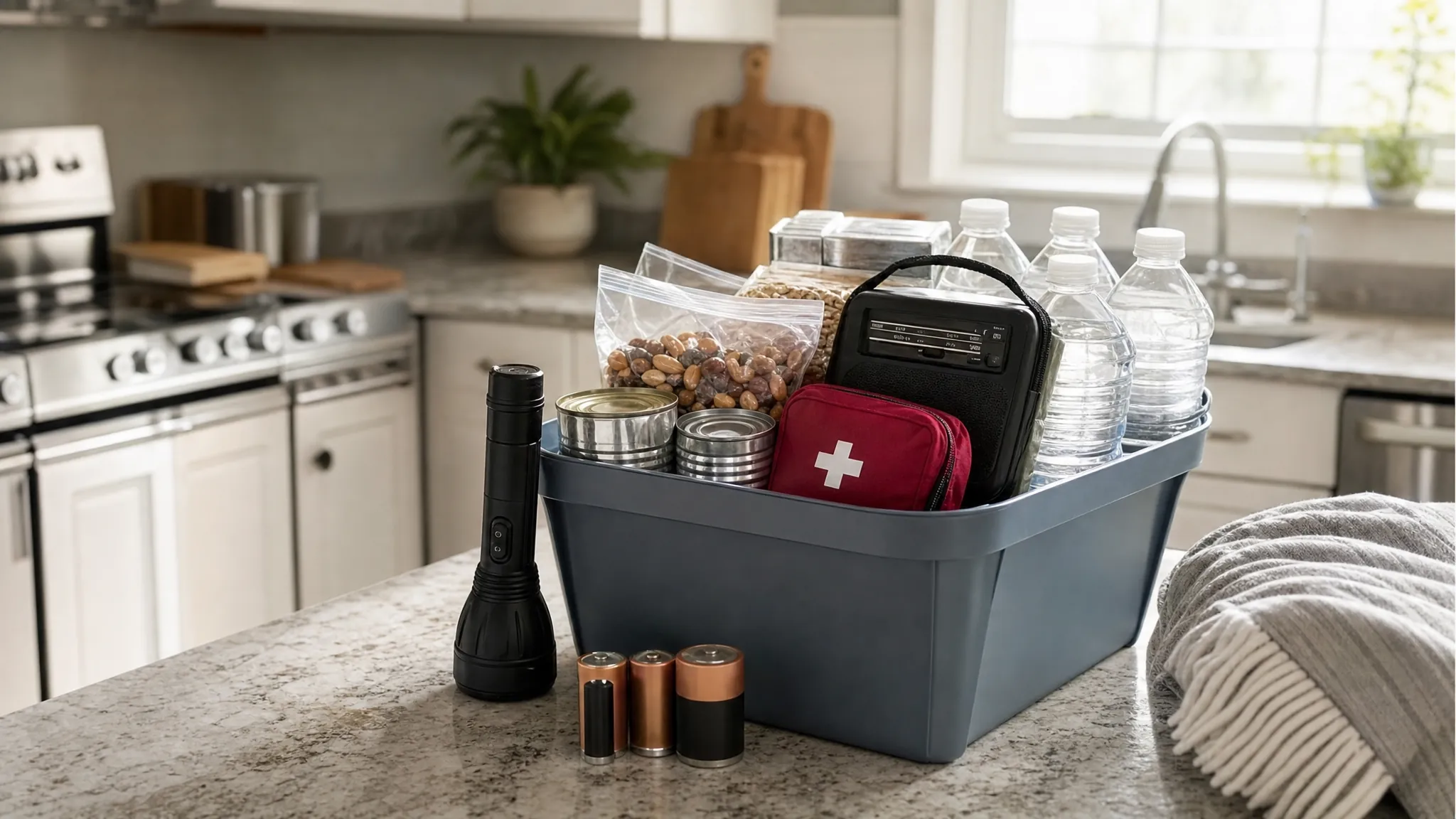 Emergency supply bin with water, flashlight, batteries, radio and first-aid kit