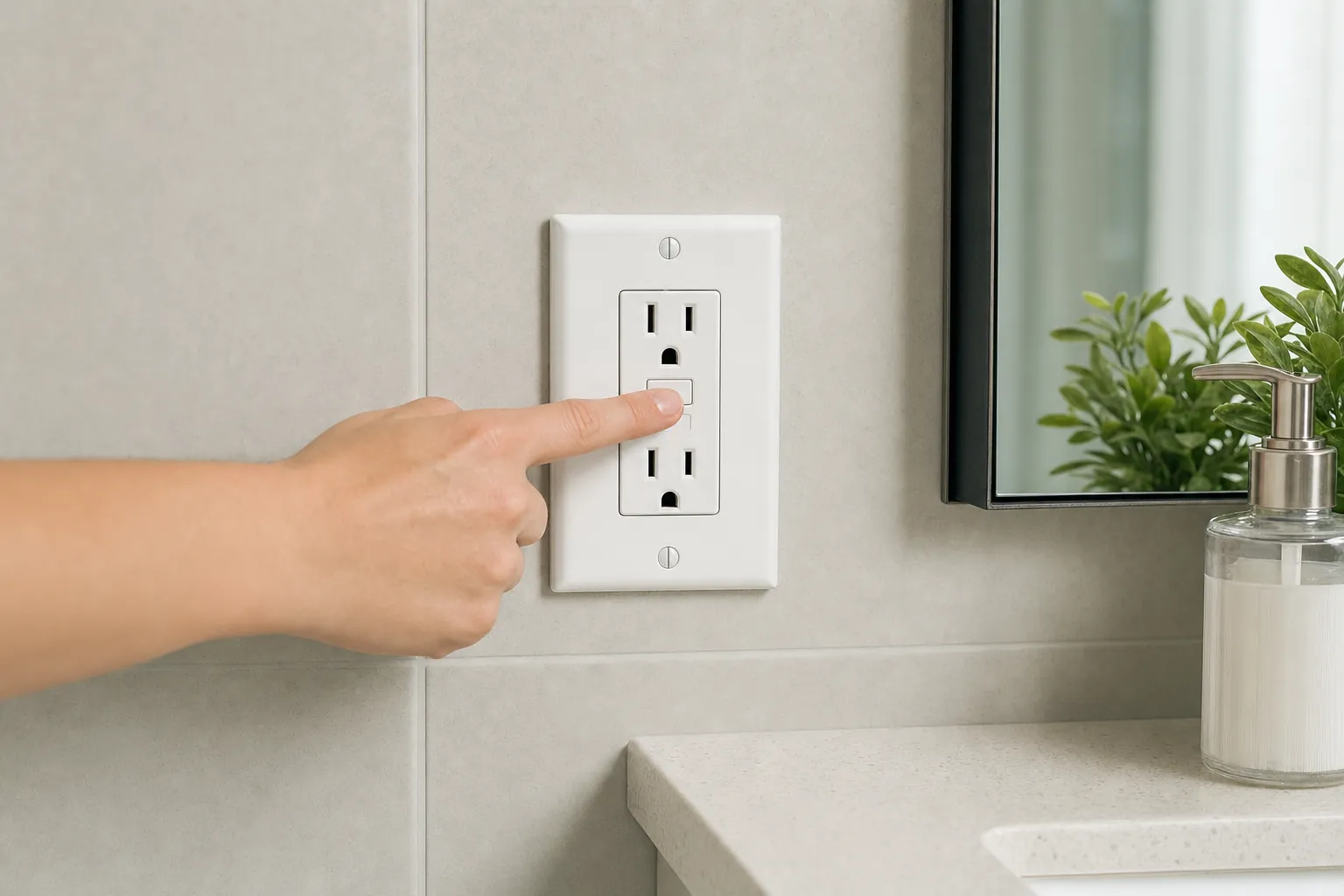 Homeowner pressing the test button on a GFCI outlet in a bathroom