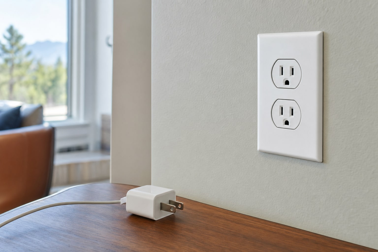 Unplugged phone charger beside a residential wall outlet