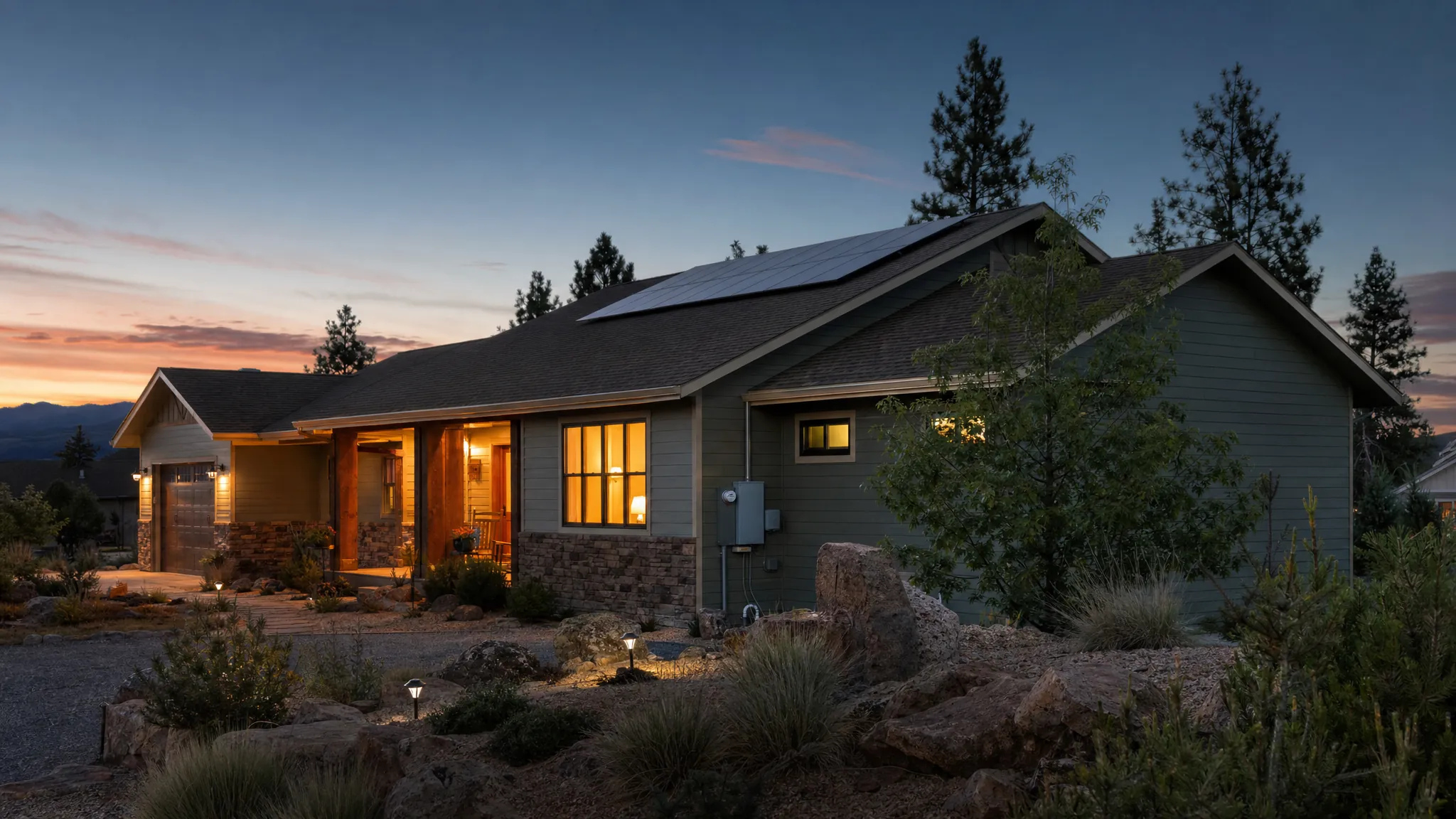 Northern Arizona home with solar panels at dusk