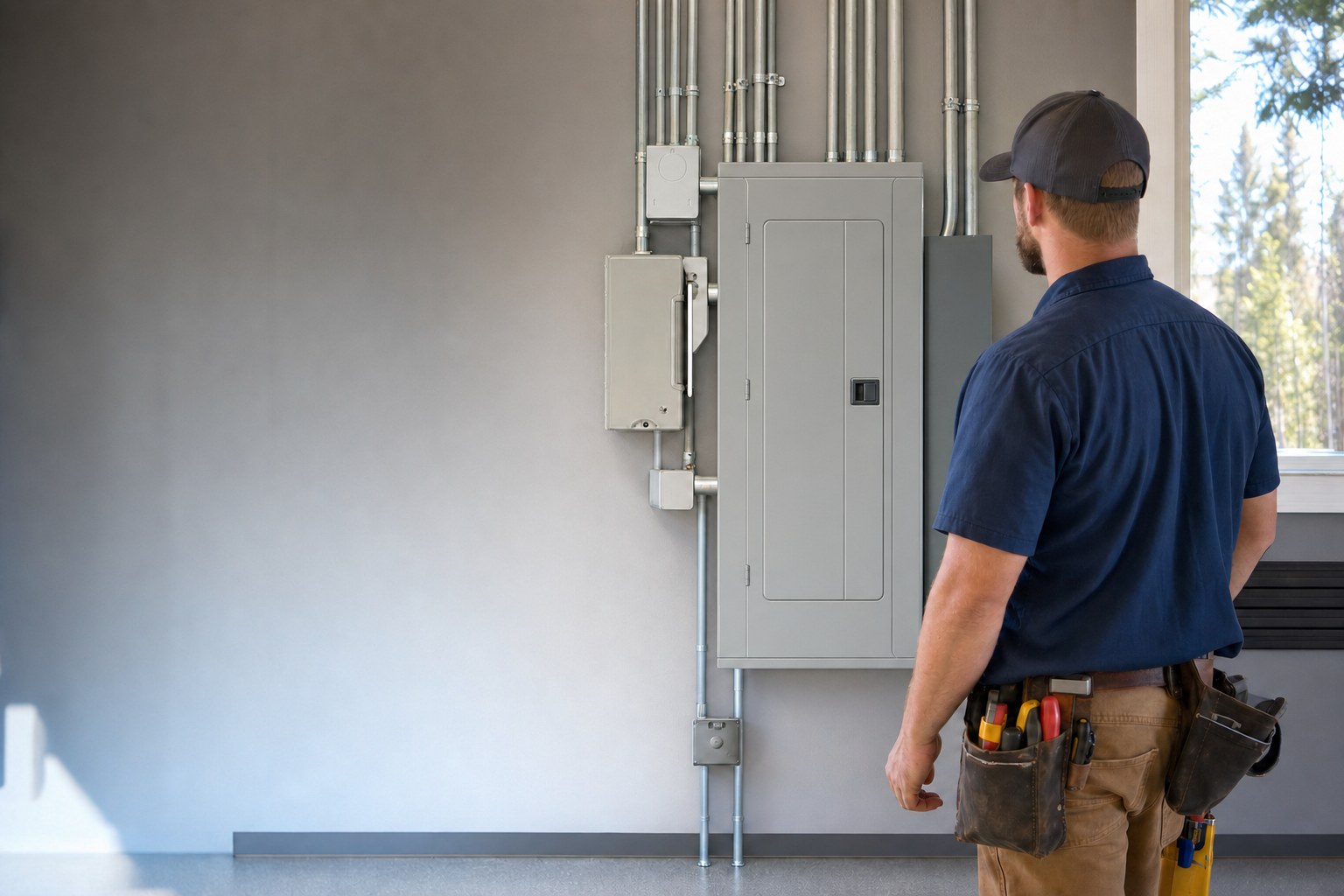 Electrician reviewing a finished residential electrical panel upgrade