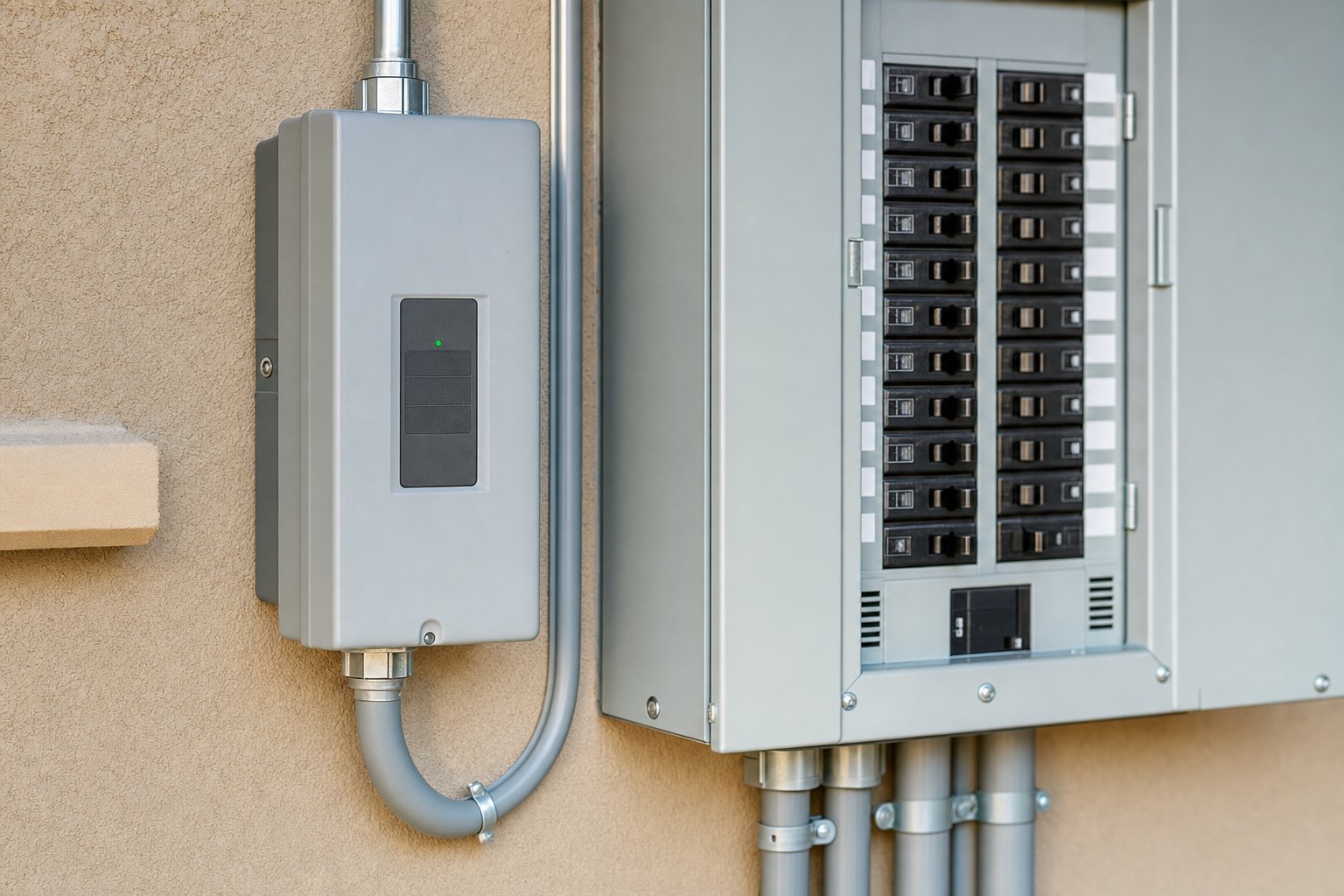 Whole-home surge protection device installed beside a residential electrical panel