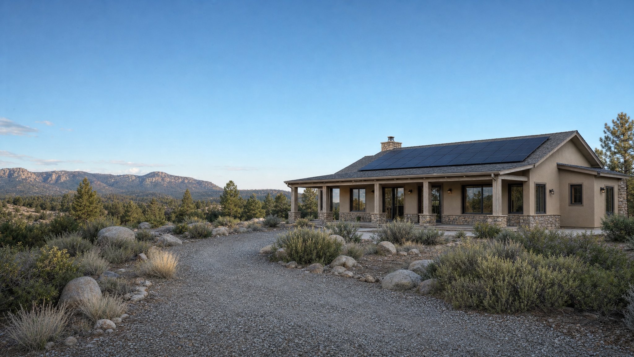 Illustrative Western ranch home with rooftop solar panels, warm porch lights and native landscaping