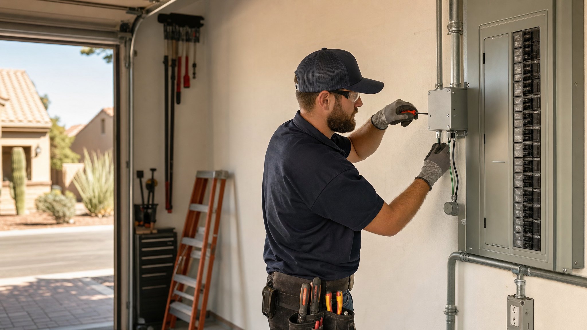 Electrician installing whole-home surge protection beside a residential electrical panel