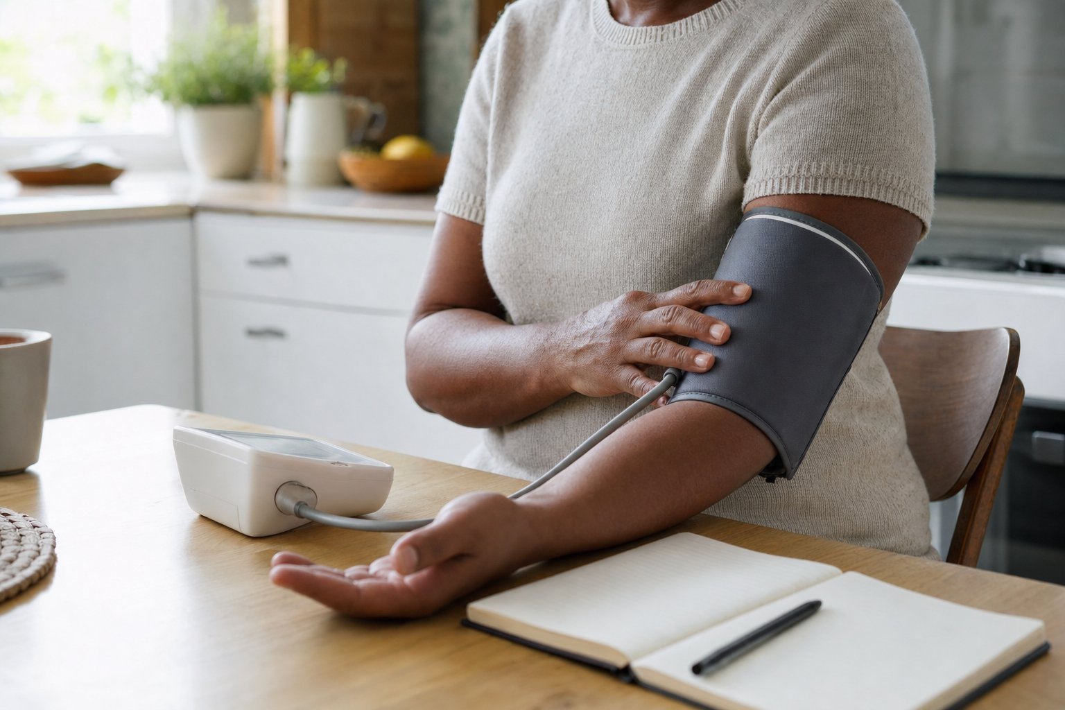 Person taking a home blood pressure reading with an upper-arm cuff