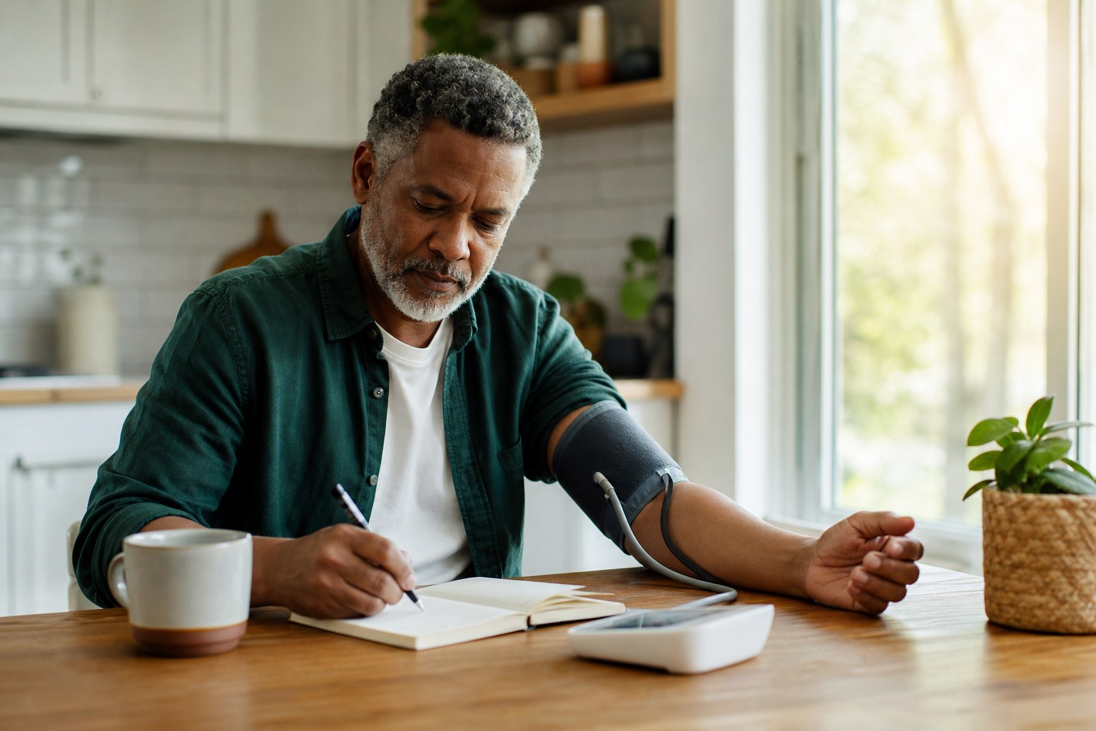 Person taking a home blood pressure reading and writing in a notebook