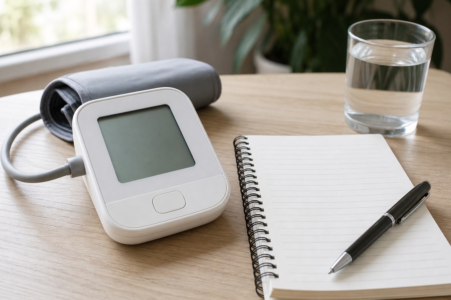 Home blood pressure monitor beside a blank notebook and pen