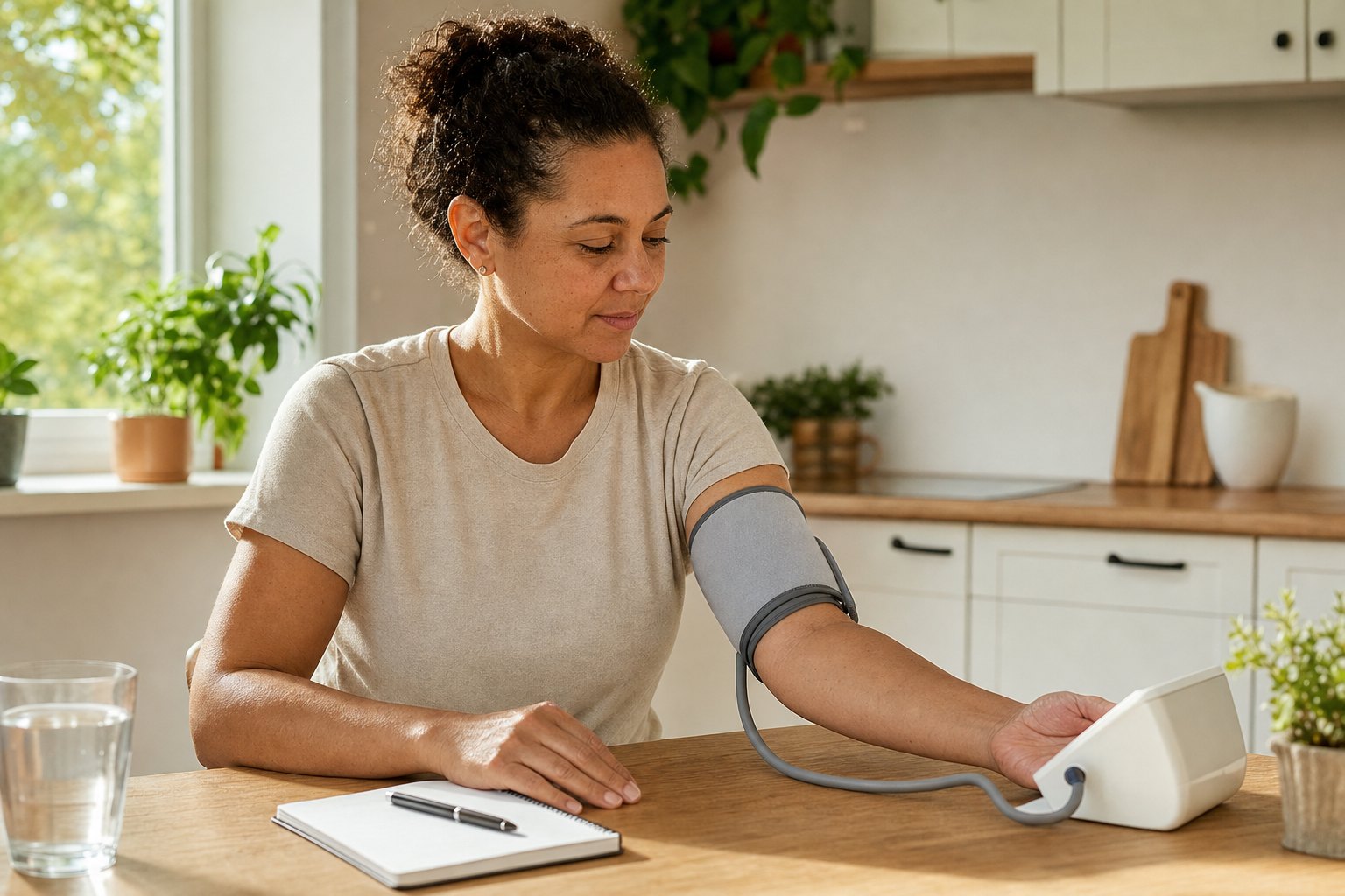 Person taking a home blood pressure reading at a kitchen table