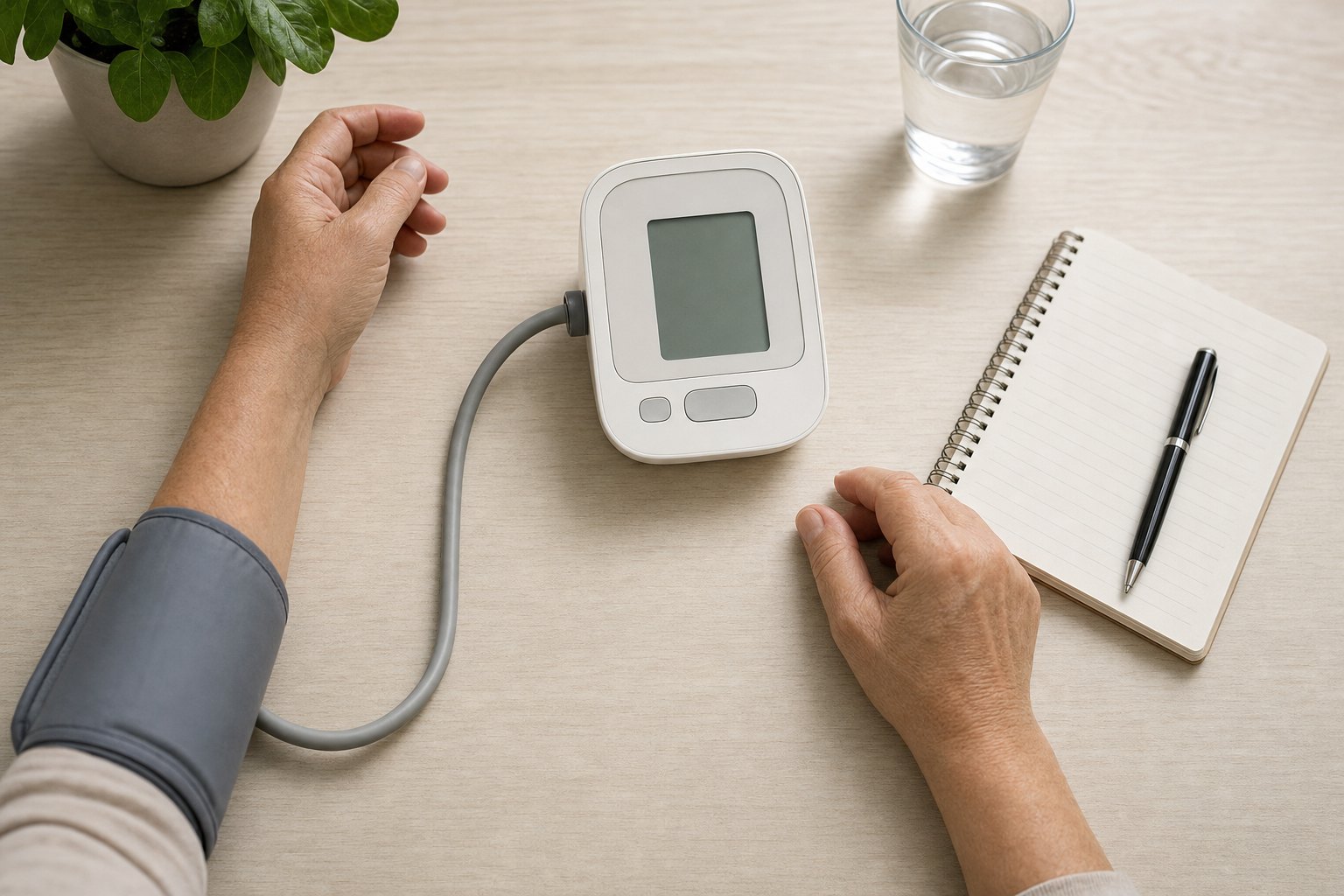 Home blood pressure monitor, notebook, and pen after a calm measurement