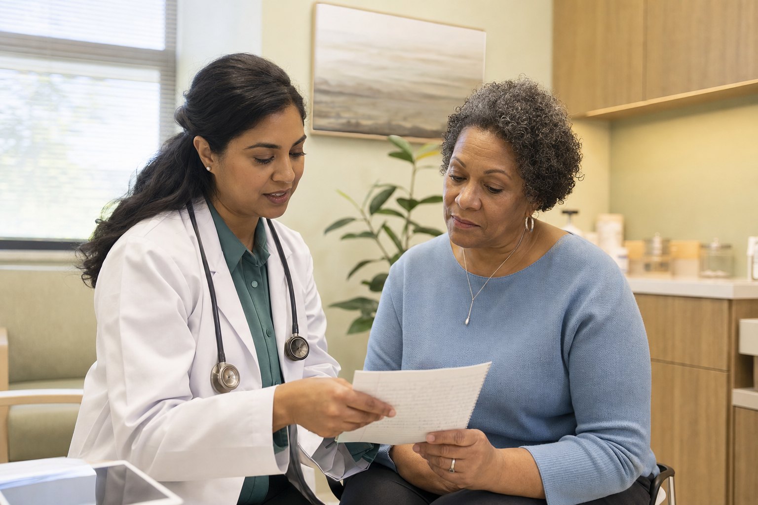 Primary care clinician and patient reviewing a blood pressure record