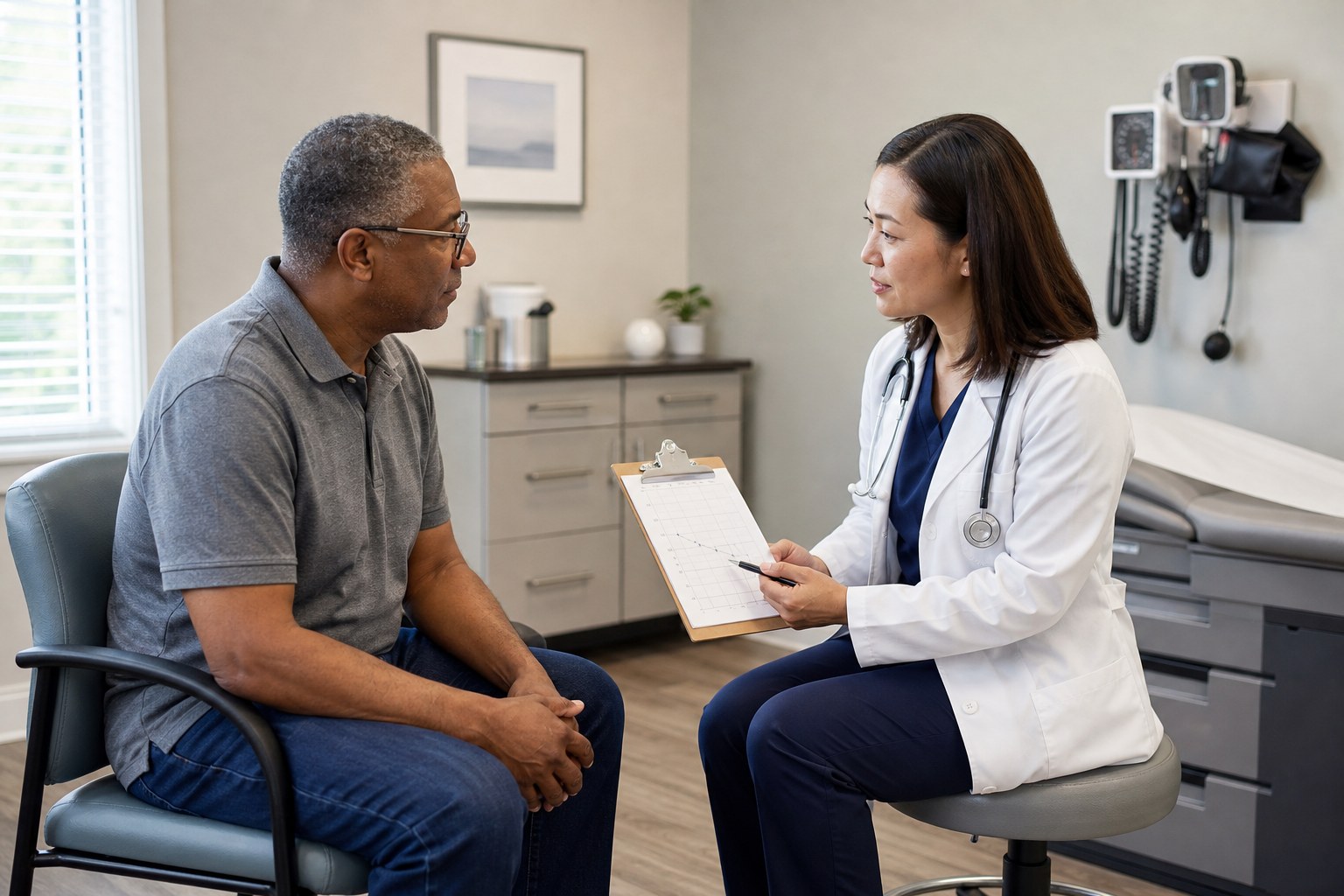 Clinician and patient reviewing a blood pressure record