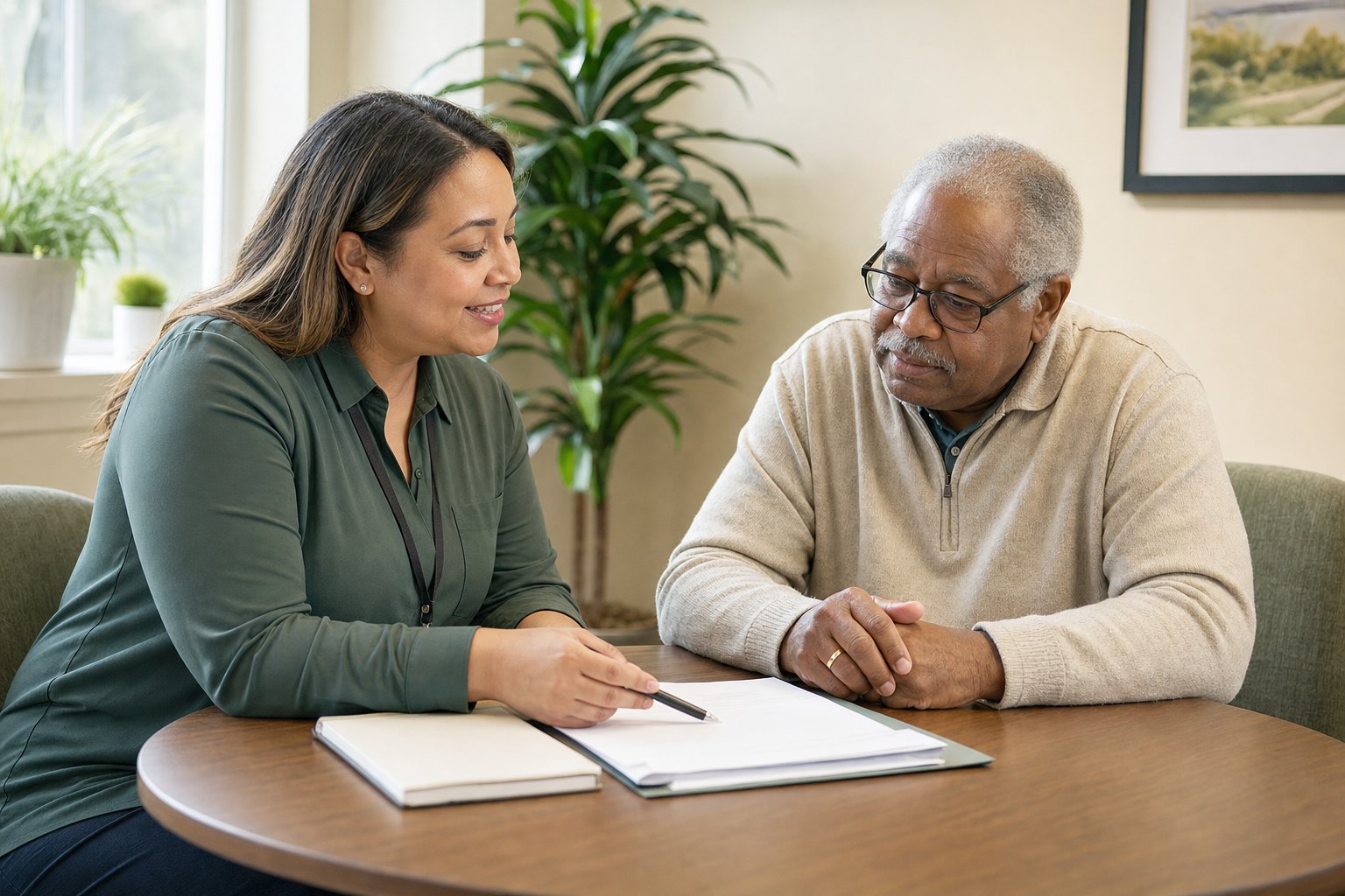 A care professional coordinating next steps with a patient