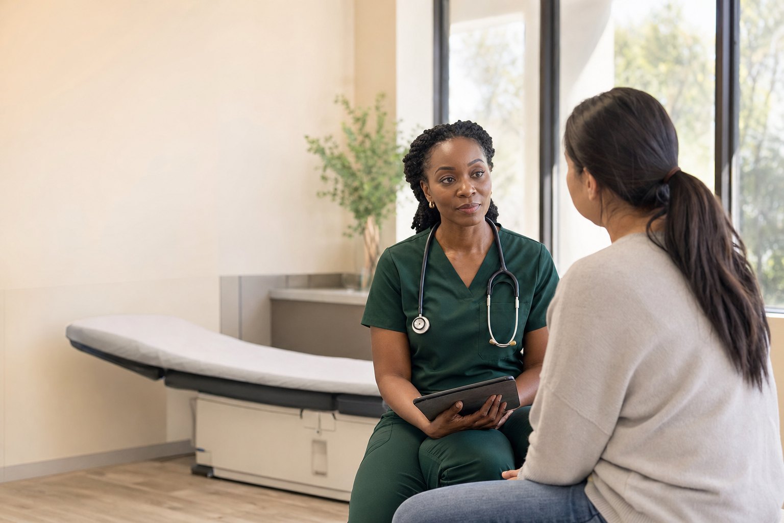 A clinician speaking with a patient in an exam room