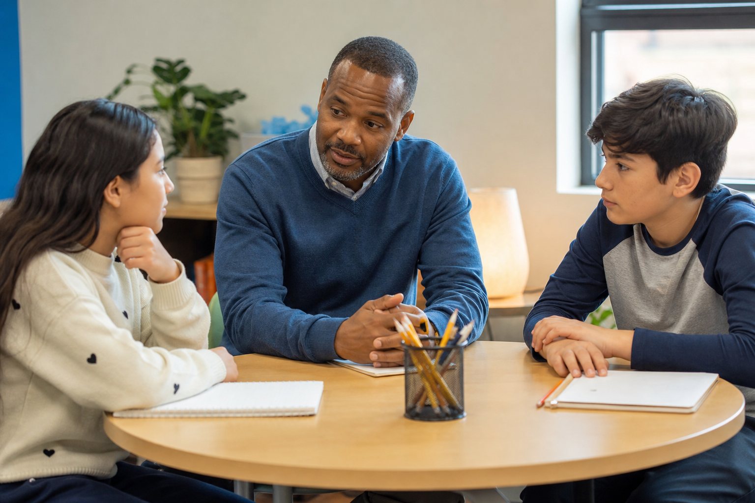 Educator having a respectful conversation with two middle-school students