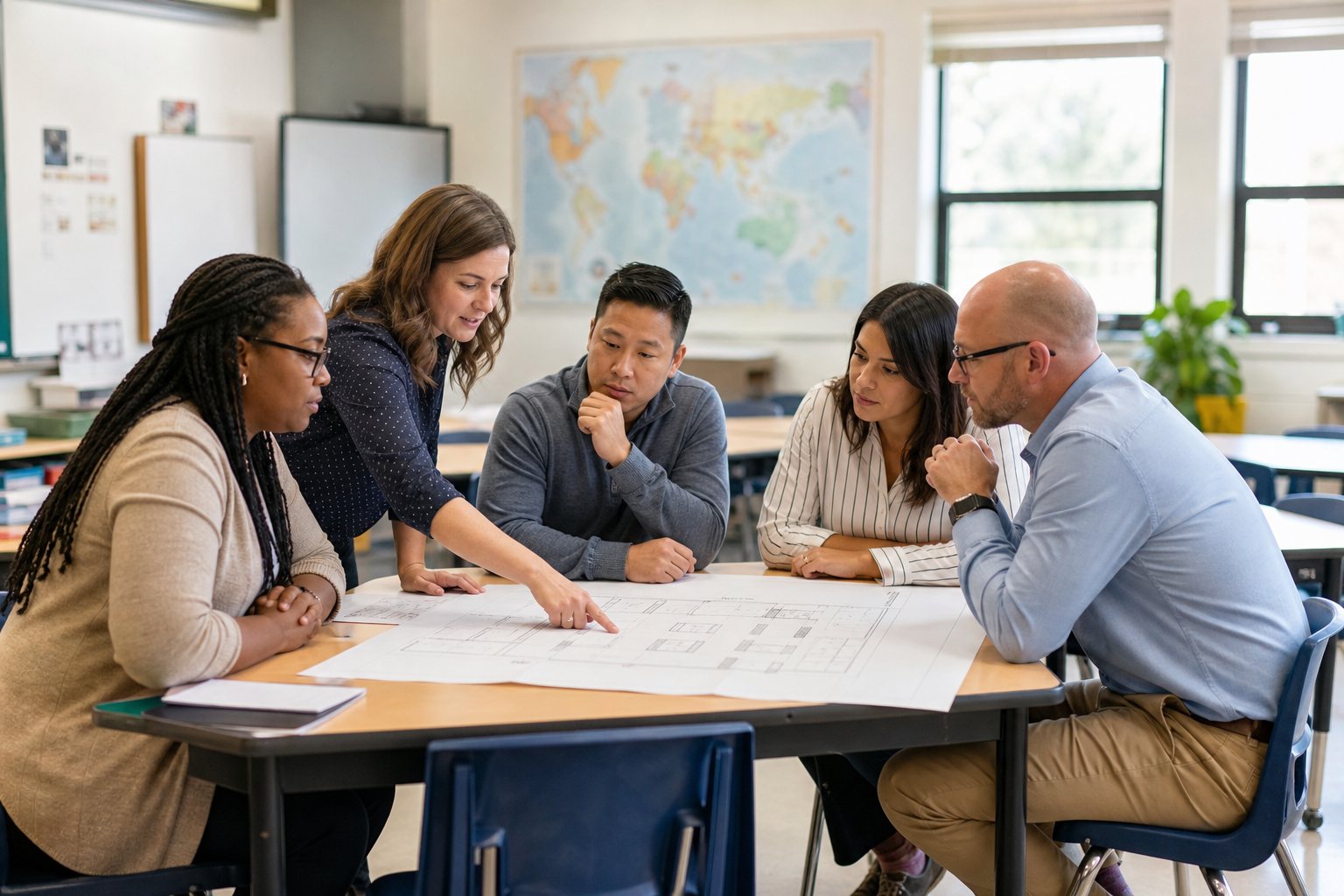 School educators reviewing a classroom layout together