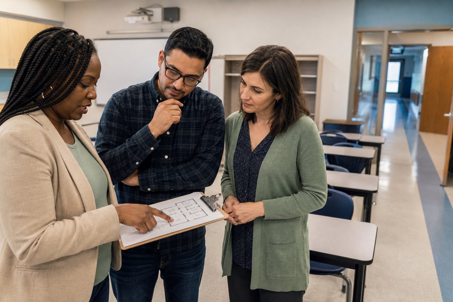 Three educators reviewing a classroom layout during a walkthrough