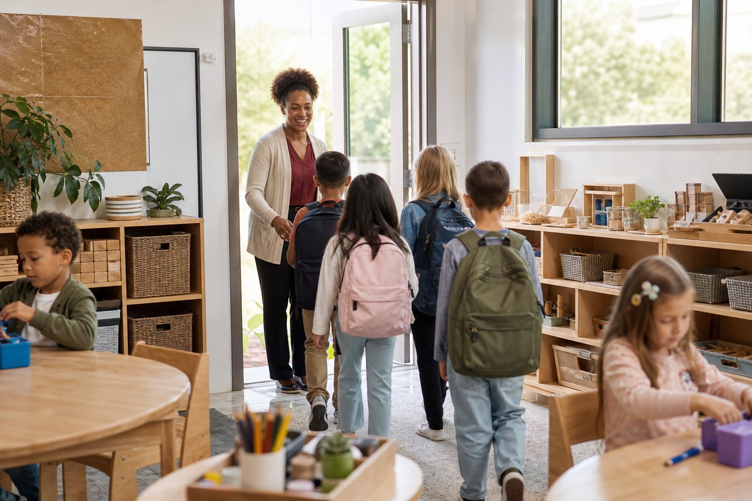 Teacher welcoming students into a bright elementary classroom