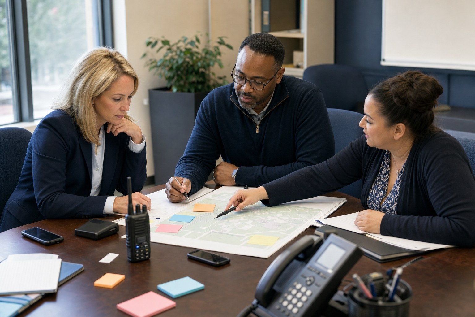 School leaders reviewing a campus map, radios, phones, and communication notes together