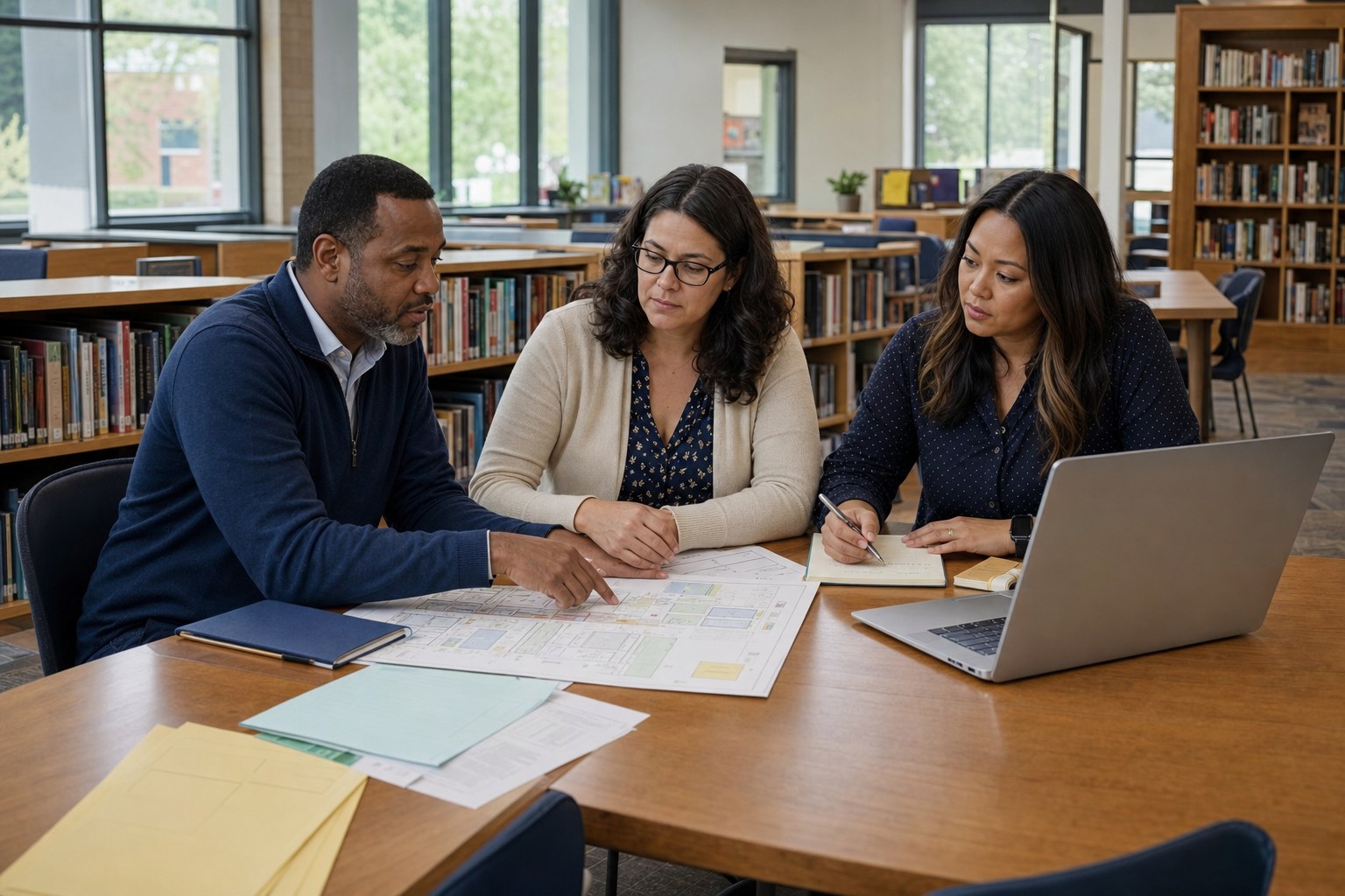 School leaders reviewing a campus plan and communication notes in a library