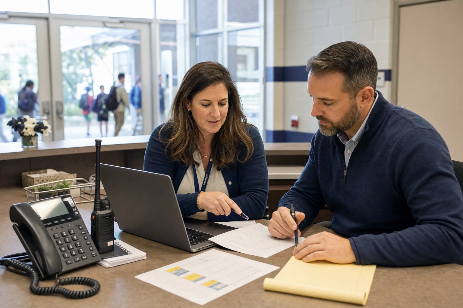 School office staff reviewing a family communication process with a phone, radio, laptop, and notes