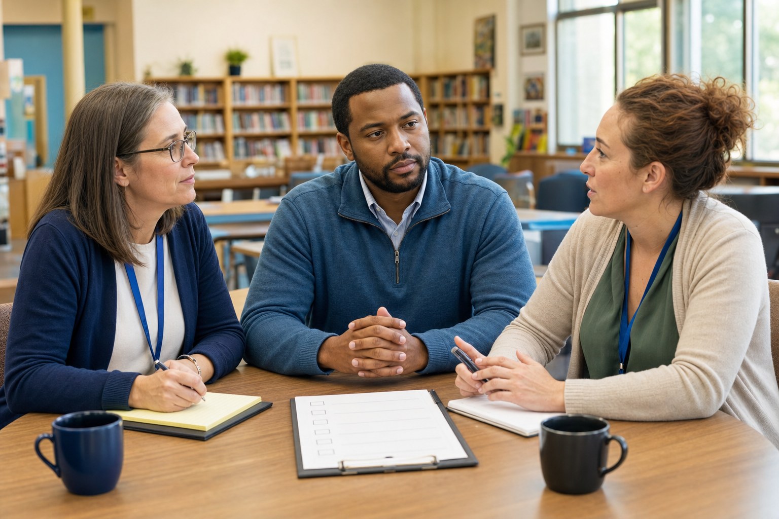 School leaders holding a thoughtful after-action debrief in a library