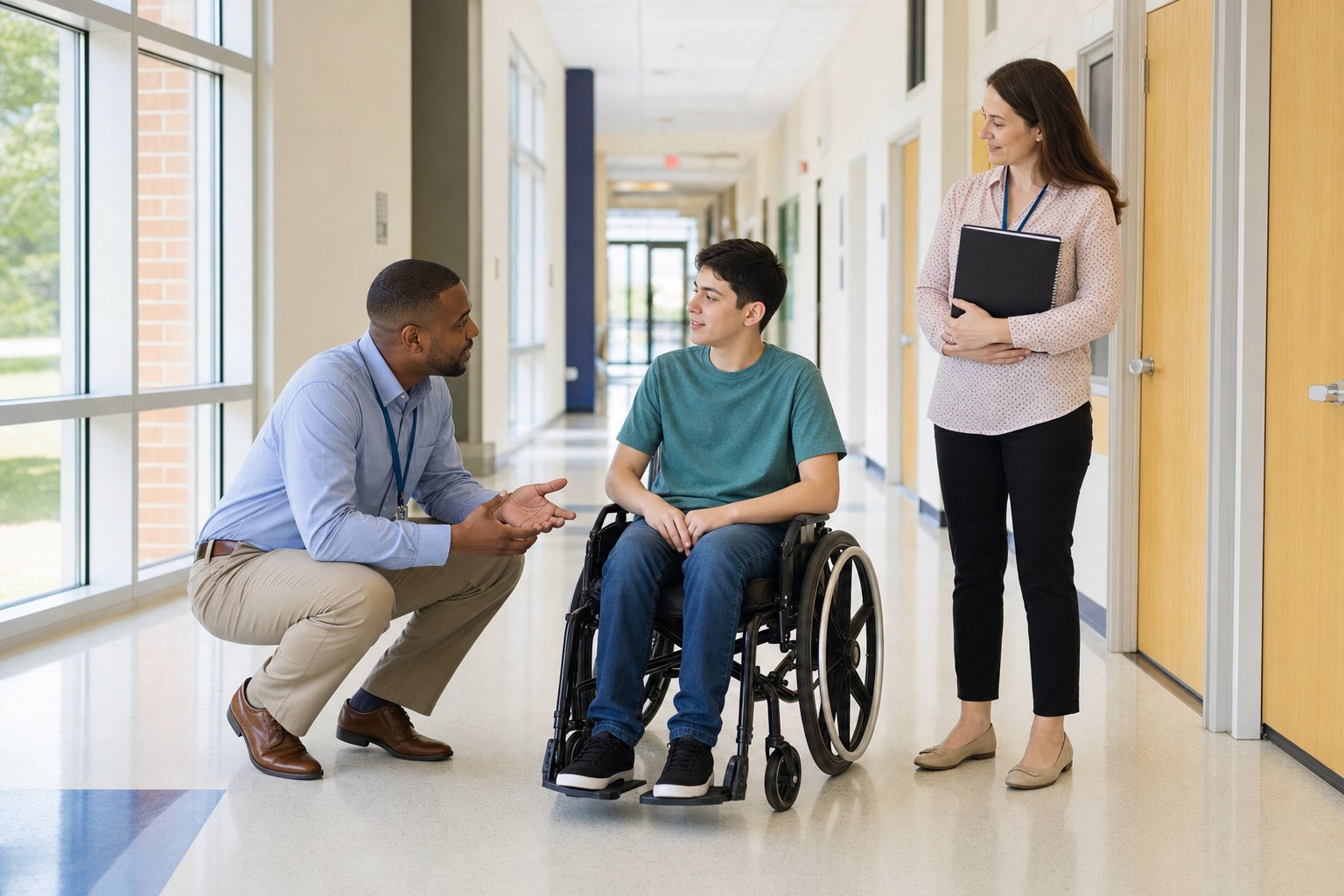 School staff speaking with a student using a wheelchair in a bright hallway