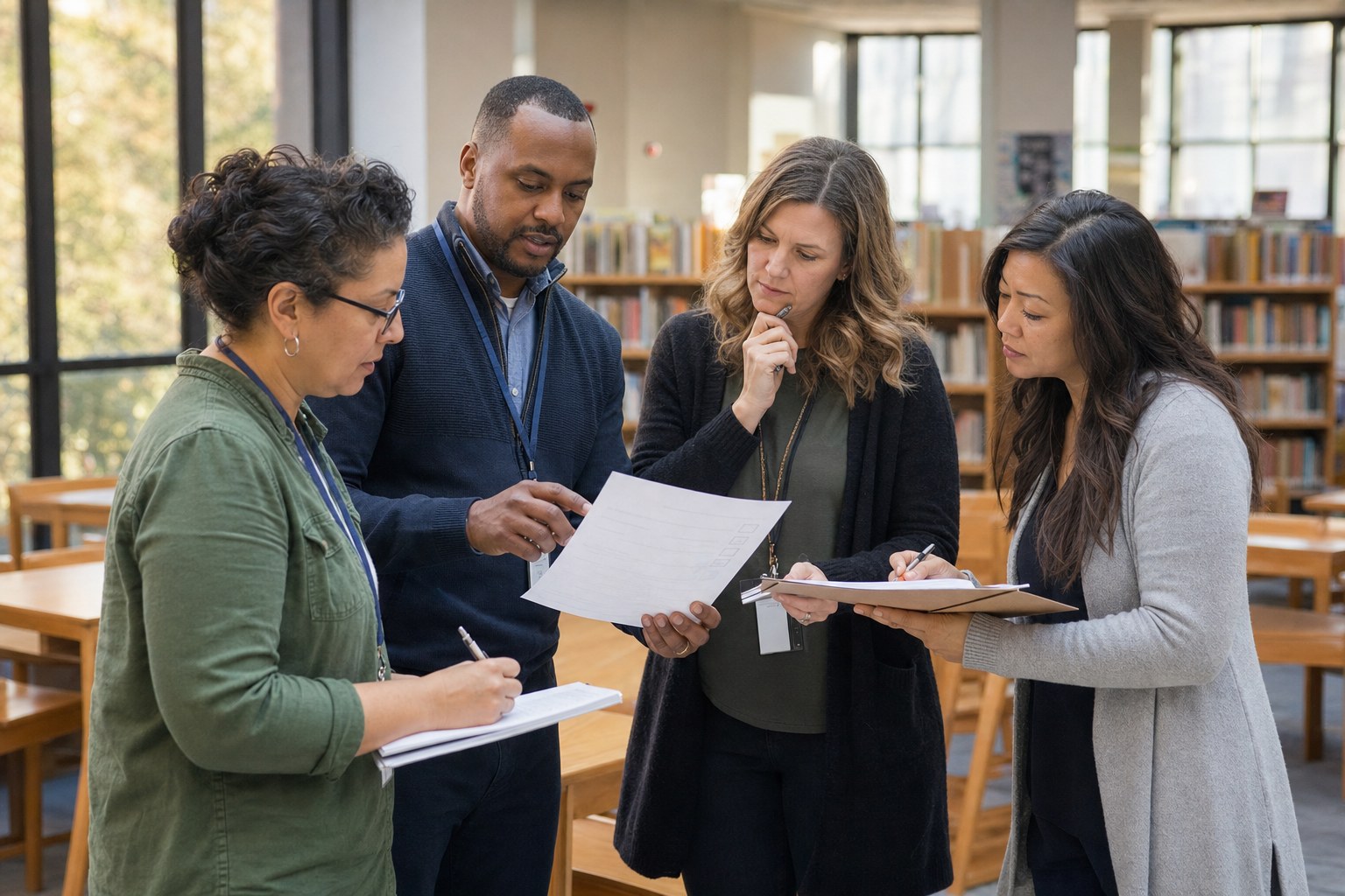 School staff reviewing a checklist together in a library