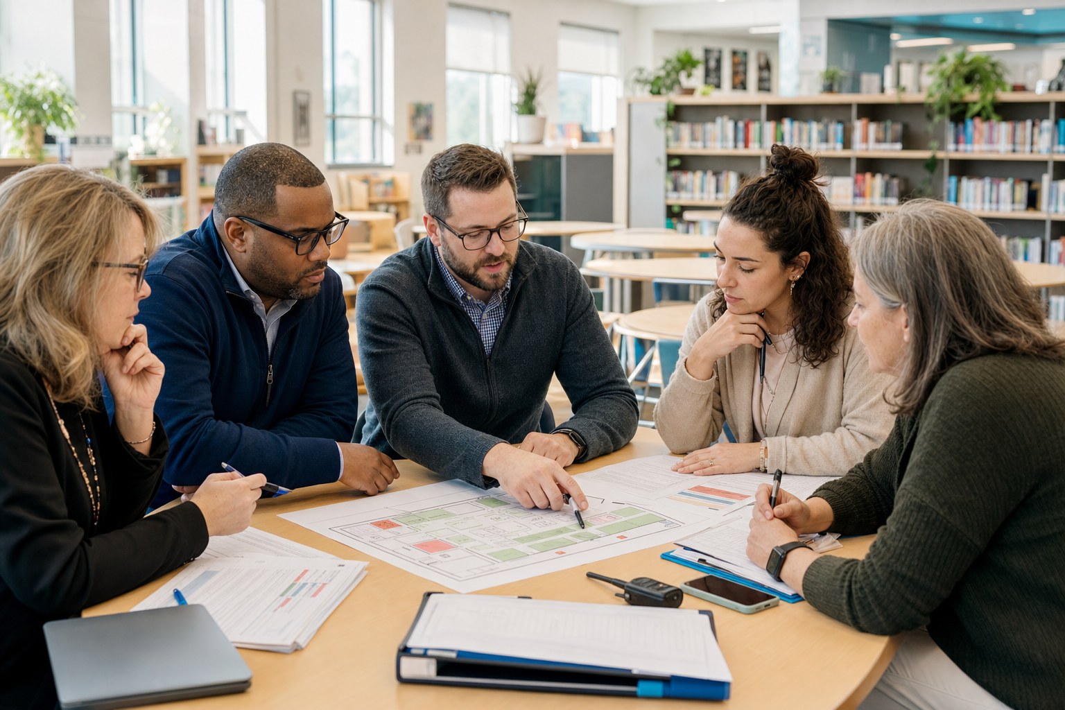 School leaders reviewing a campus plan together in a library