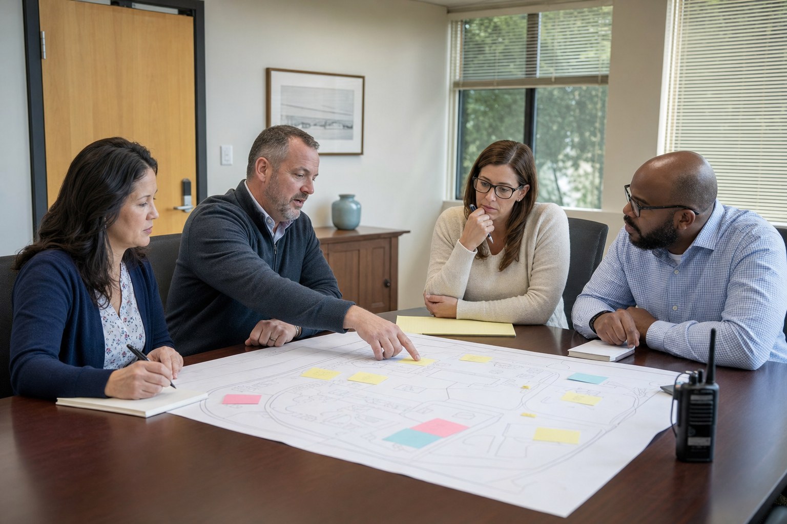 School leaders discussing a tabletop exercise around a campus map