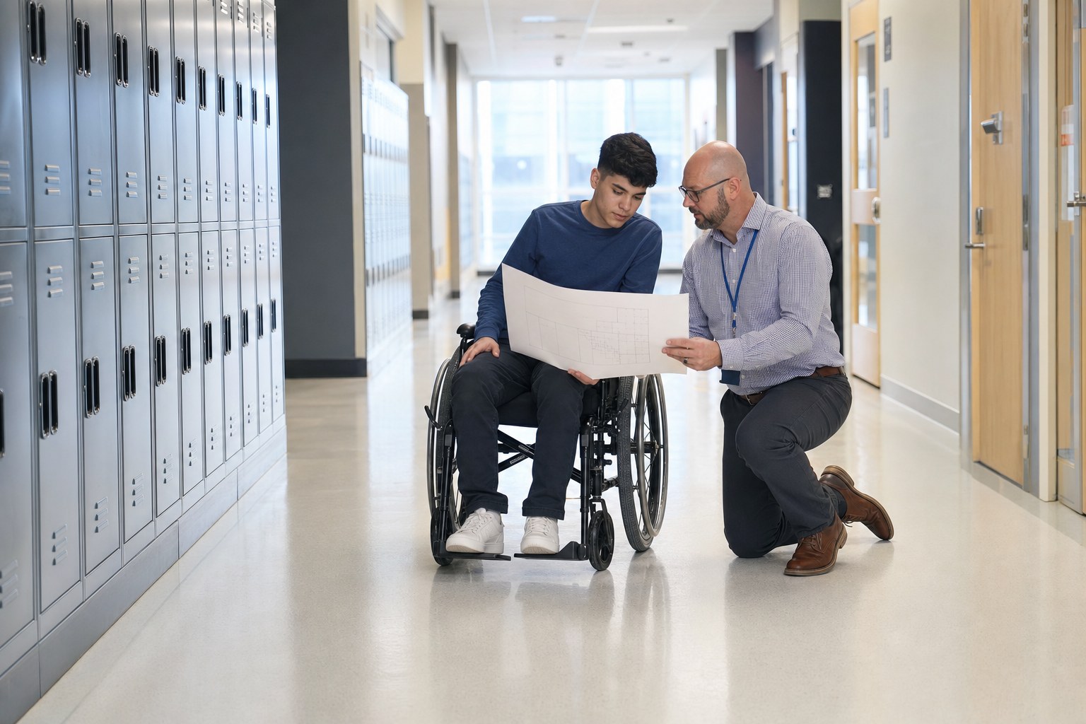 An educator and student who uses a wheelchair reviewing an accessible route in a school hallway