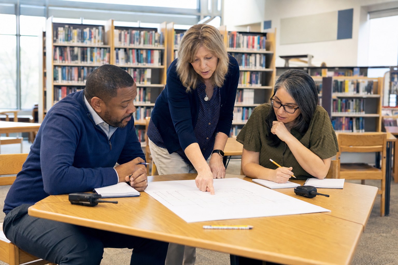 School leaders reviewing a preparedness plan together in a library