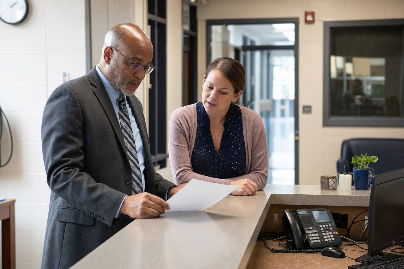 School leaders reviewing drill responsibilities at a front-office desk