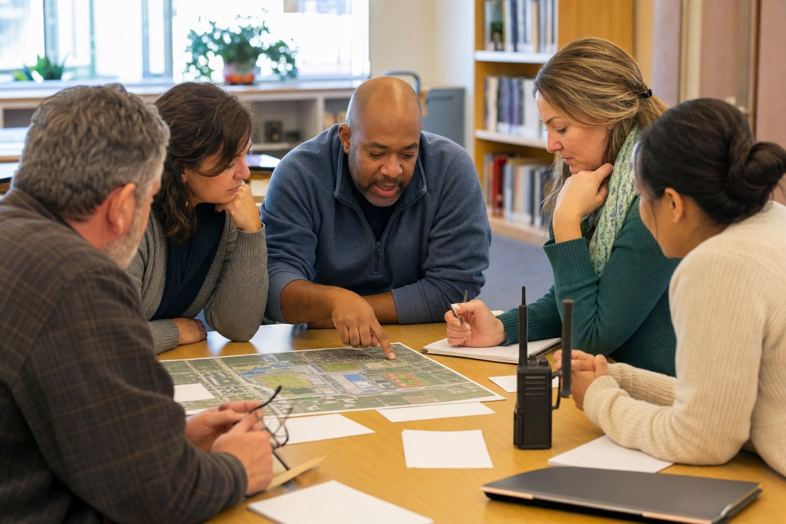School leaders reviewing a campus map during a tabletop discussion